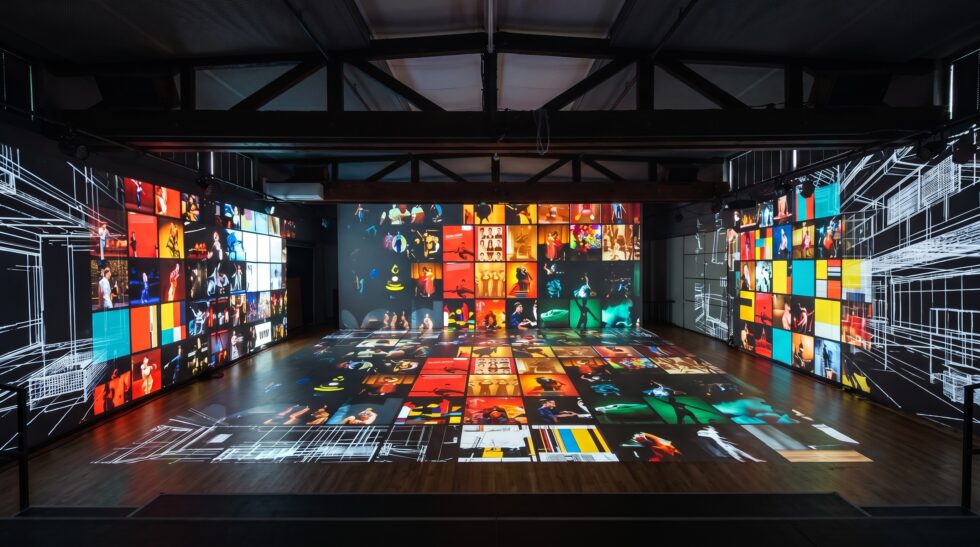 Immersive audio-visual image collage in the Nachklang experience space, THEATER DER KLÄNGE rehearsal studio